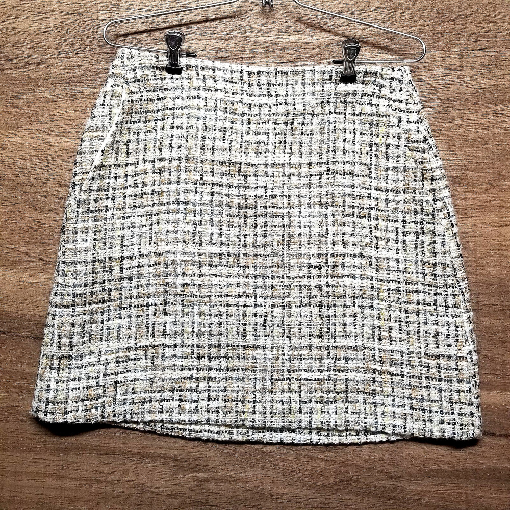 Ann Taylor LOFT Wmns Pencil Skirt Sz 4 Ivory Gold Tweed Pockets Academia Office